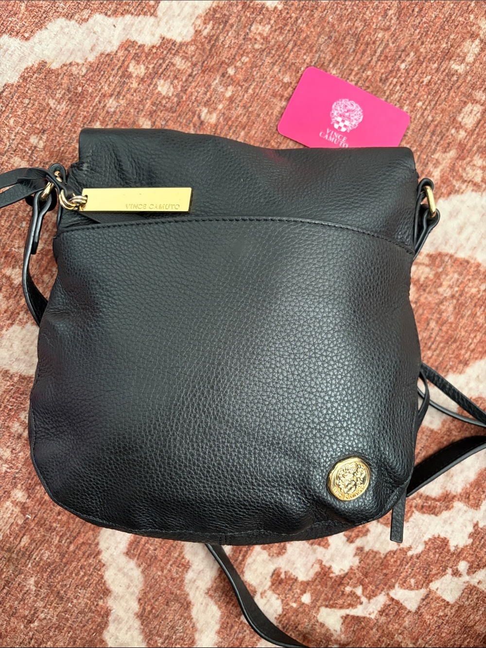 Vince Camuto Black Leather Tag Crossbody with Gold Plaque